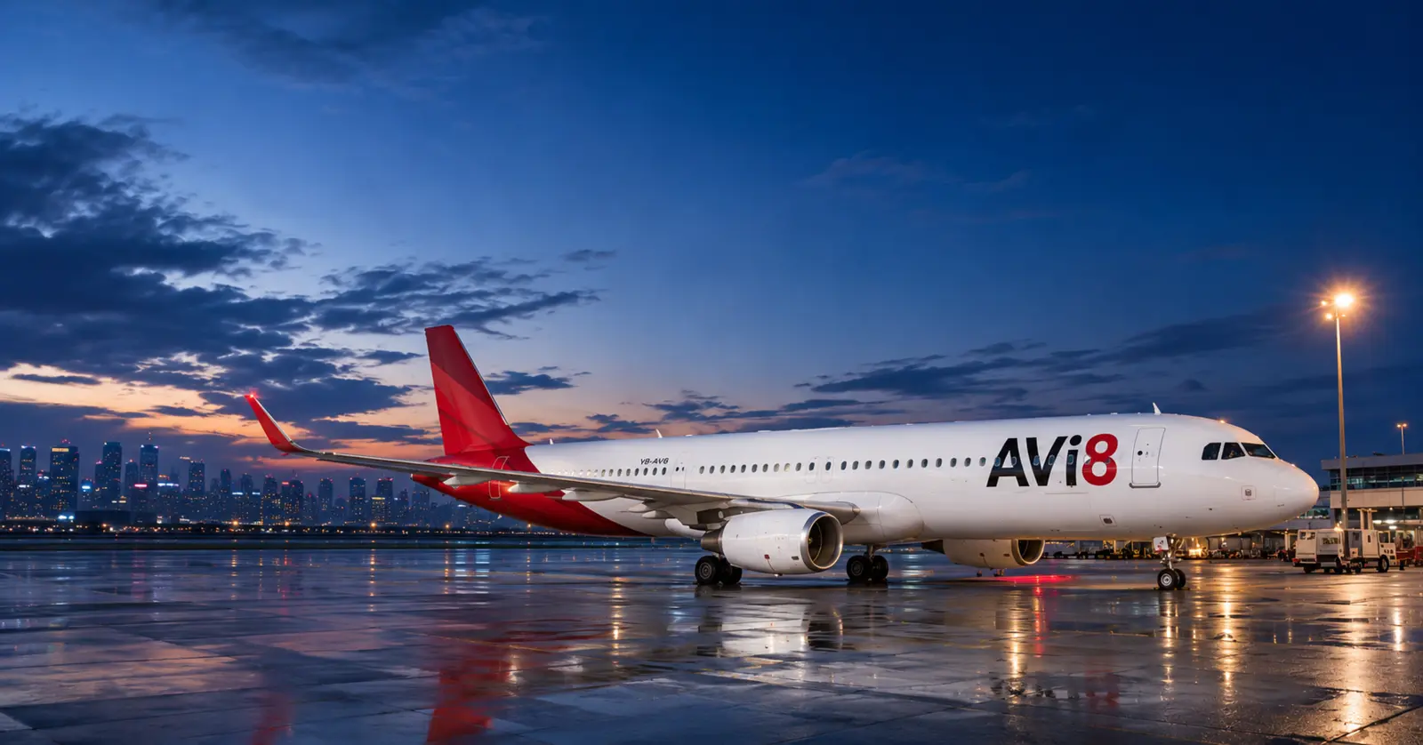 AVi8 Airways passenger aircraft operating at an airport terminal